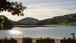 Camping La Romiguiere : Terrasse du bar au bord de l eau